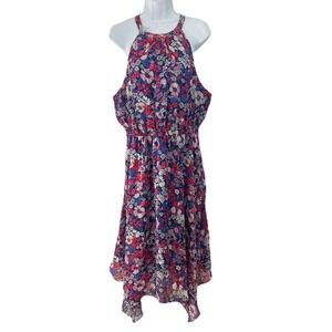 NEW BCBG Paris Women's Halter Dress Sz L Blue Pink Floral Fit N Flare Lined